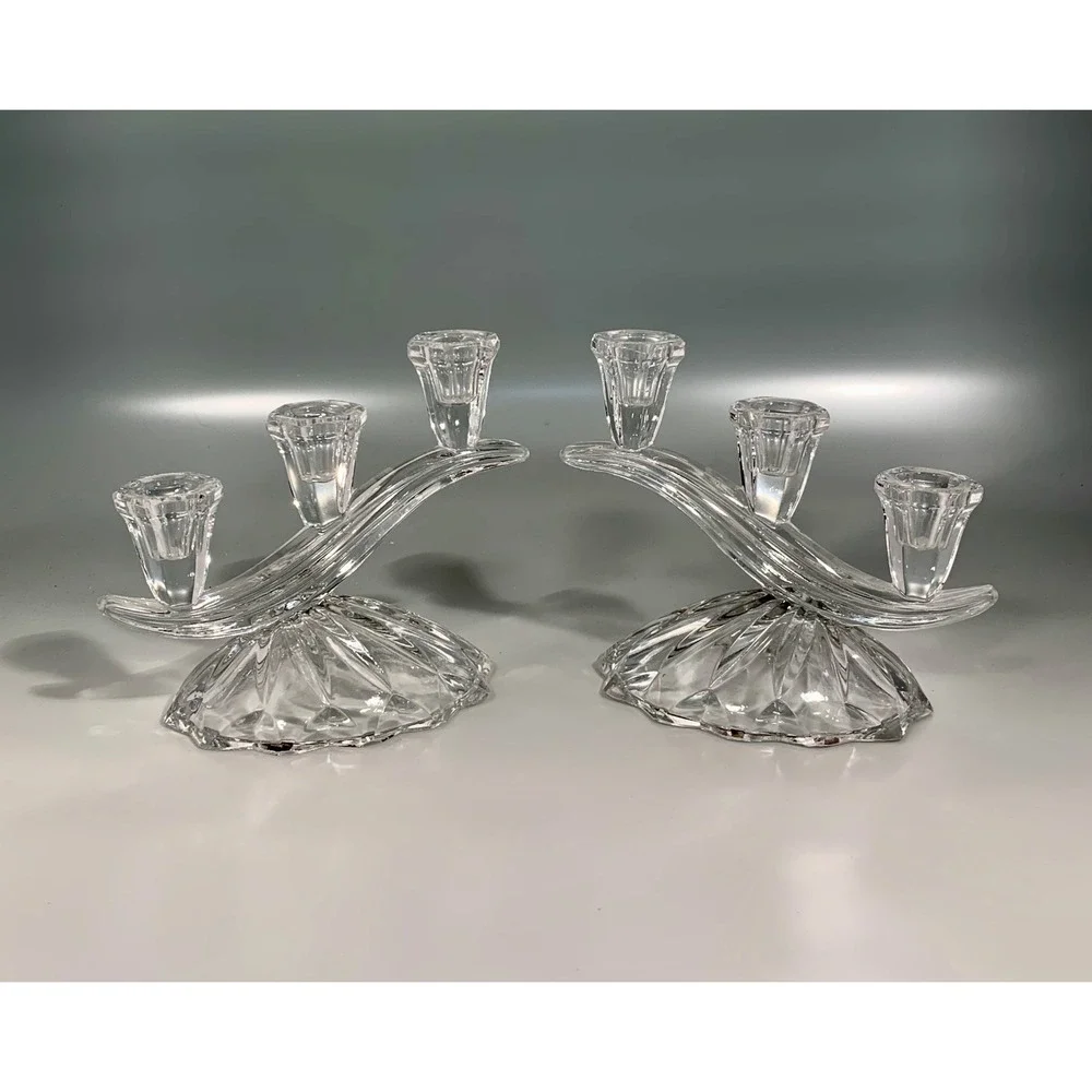 Set of 2 Anna Hutte Bleikristall 3-Light Candlesticks Cascading Glass Waves